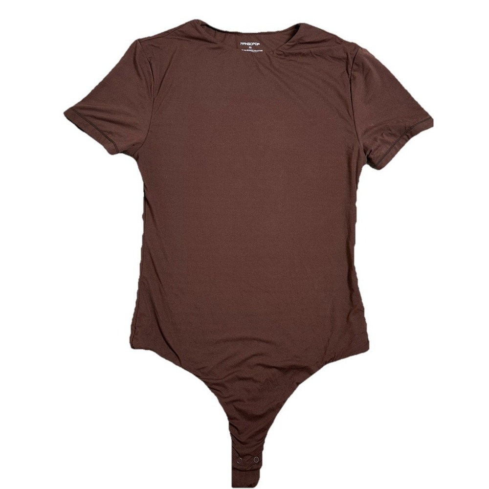 MANGOPop Brown Bodysuit Size XS Stretch Short Sleeve  Fitted Top NWT